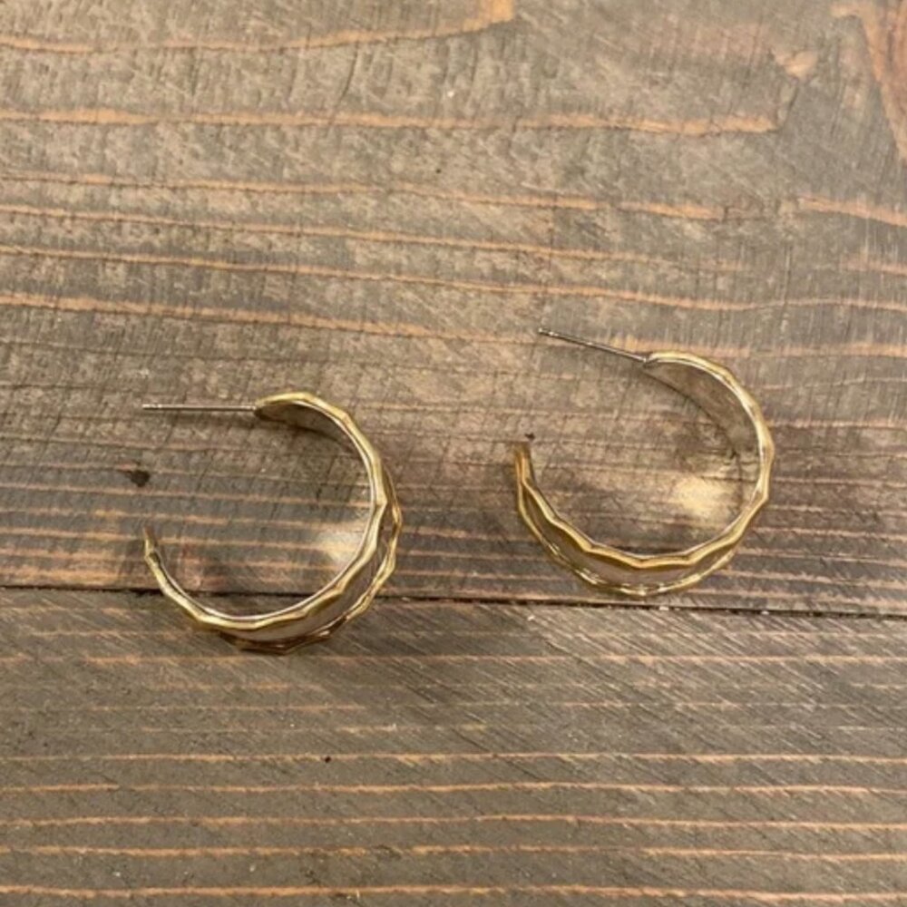 Vintage Laton Sterling Silver & Brass Chunky Hoop Earrings - Picture 2 of 8